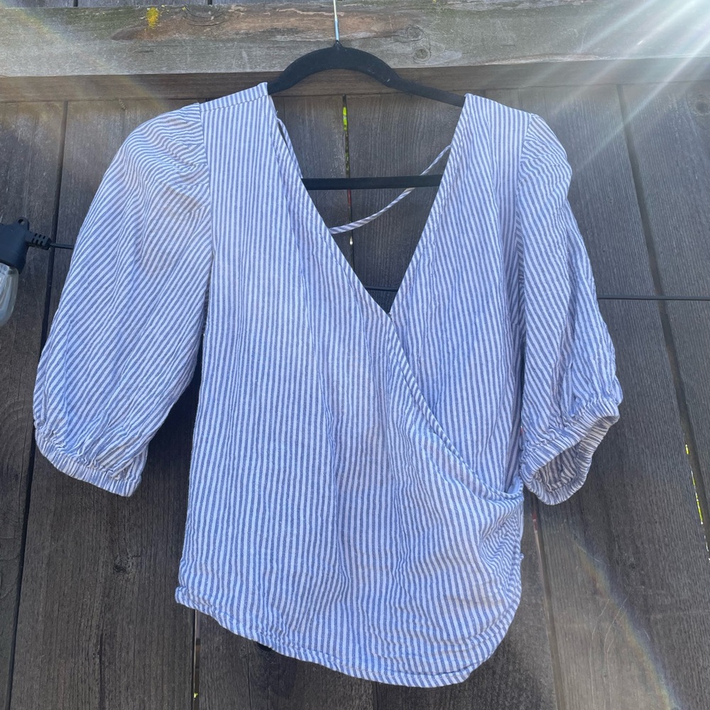 Abercrombie & Fitch Blue and White Striped Wrap Top